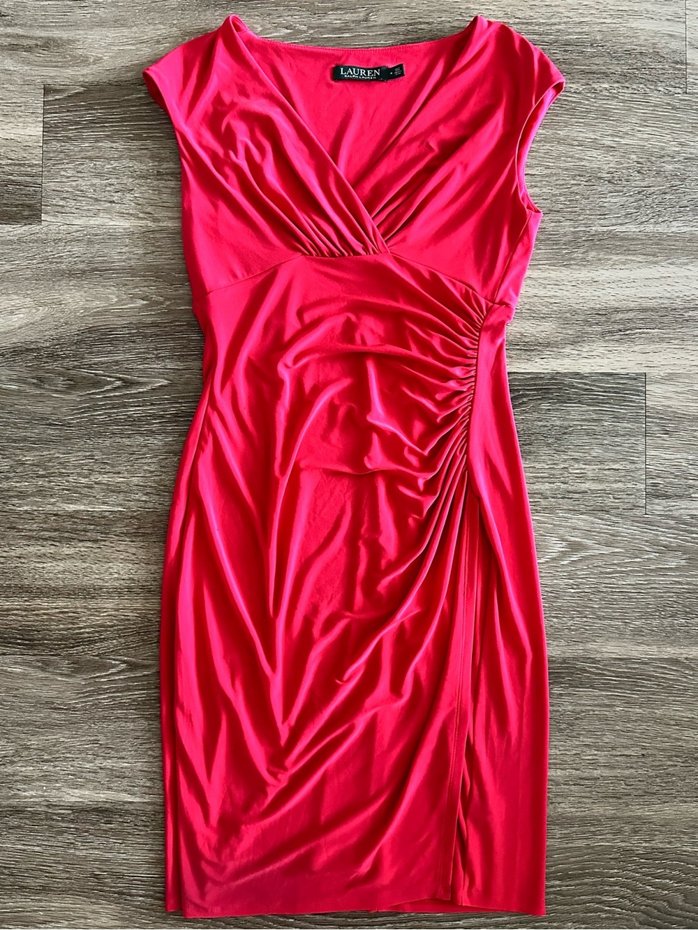 Lauren Ralph Lauren Dress Ruched Sleeveless Midi Evening V Neck Cocktail Size 4
